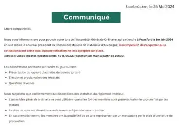 Assemblée generale Ordinaire 1 Juin 2024 à Francfort