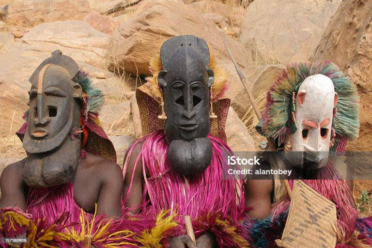 Dogon Masked Dancers in Irelli, Mali, west Africa.